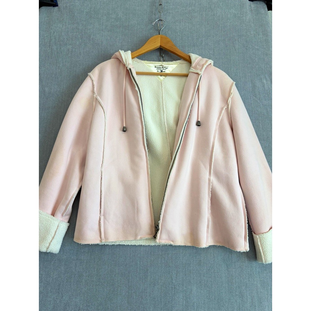 Tommy Hilfiger Women's Pink Hooded Full Zip Lined Faux Suede Jacket Size L/G